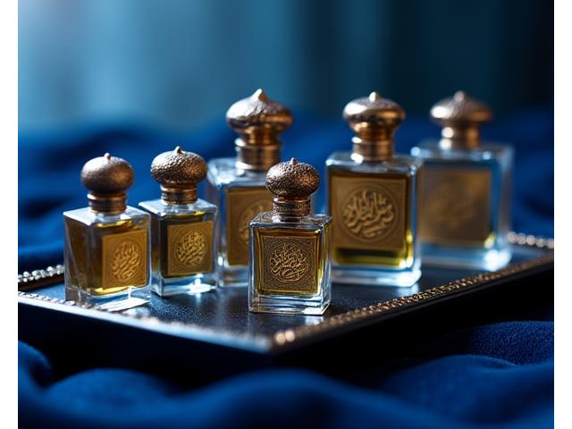Botol-botol kecil attar dengan label arabesque, ditata mewah di atas nampan kayu.