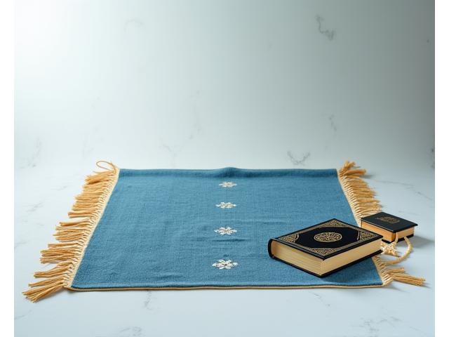 Sajadah travel yang dilipat rapi di samping tasbih dan Al-Qur'an kecil, siap dibawa bepergian.