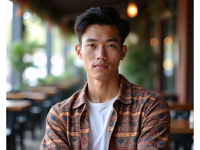 Pria muda mengenakan kemeja dan celana casual dari brand lokal dengan motif etnik kontemporer