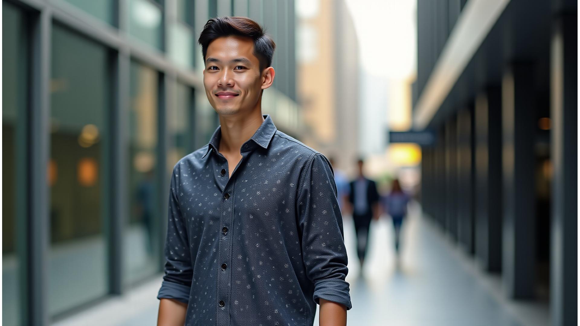 Model pria mengenakan kemeja batik modern dengan tampilan urban, menunjukkan perpaduan budaya dan gaya kontemporer Indonesia