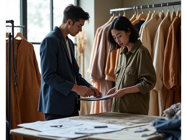 Desainer berdiskusi dengan tim di belakang panggung fashion show, fokus pada detail pakaian