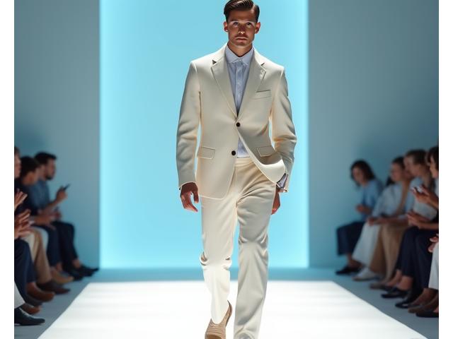Model pria mengenakan setelan linen ringan berwarna krem berjalan di runway terang, menunjukkan detail tailoring modern