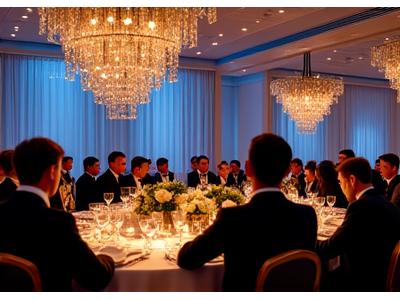 Tamu berpakaian formal menghadiri gala dinner fashion mewah, dengan dekorasi elegan