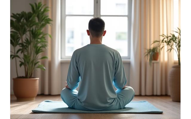 Seorang pria mengenakan koko santai sedang beribadah Shalat di rumah dengan suasana tenang.