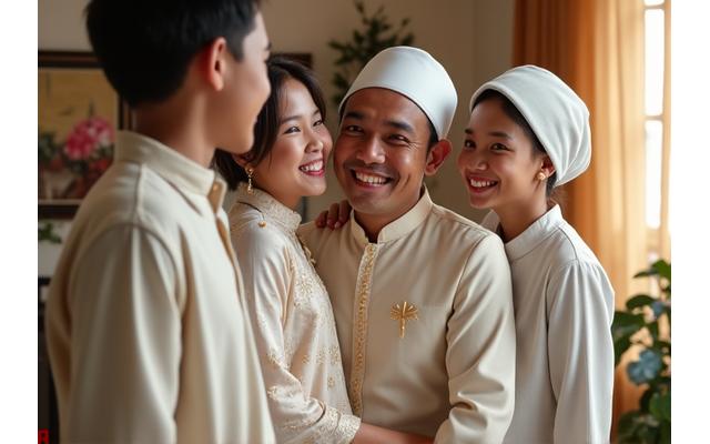 Keluarga Muslim tertawa bahagia di hari Idul Fitri, ayah mengenakan baju koko modern dan peci, bernuansa cerah.