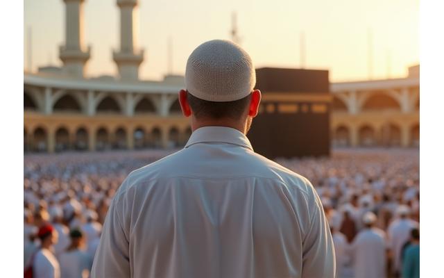 Pria paruh baya Muslim mengenakan pakaian ihram sedang berdoa di depan Ka'bah, foto diambil dari jarak jauh.