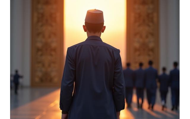 Pria Muslim mengenakan baju koko dan sarung elegan sedang berjalan menuju masjid untuk Shalat Jumat.