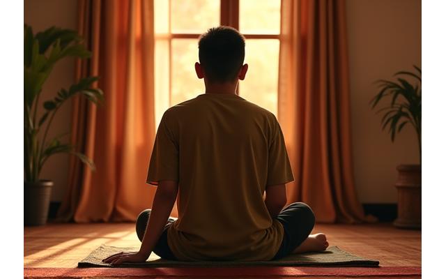 Pria Muslim sedang bersantai sore hari di bulan Ramadan, mengenakan baju kurung atau koko santai, dengan latar belakang suasana bulan Ramadhan.