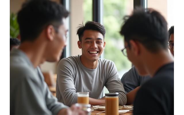 Sekelompok teman Muslim sedang berkumpul di kafe, salah satunya mengenakan koko kasual dengan senyum.