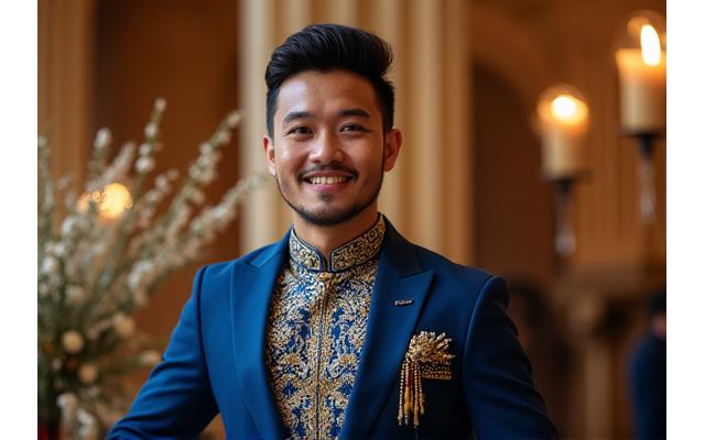 Pasangan pengantin Muslim berpose elegan dalam pernikahan Islami, mempelai pria mengenakan koko atau jas muslim.