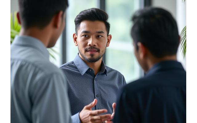 Pria Muslim profesional mengenakan koko batik modern di lingkungan kantor yang formal, berbicara dengan kolega.