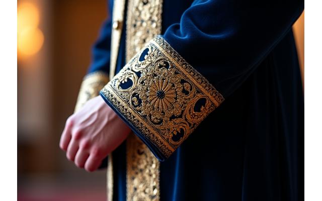 Pria Muslim mengenakan gamis mewah berwarna gelap dengan bordir emas, tampak khusyuk dalam sebuah upacara.