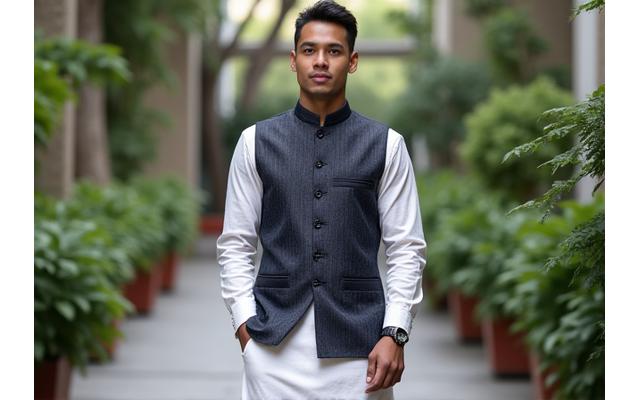 Pria Muslim mengenakan gamis polos dengan vest berdetail etnik sebagai lapisan luar.
