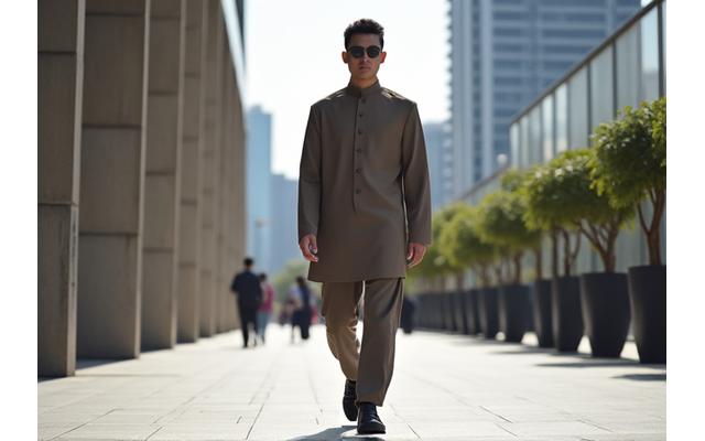 Pria muda mengenakan gamis modern dengan siluet ramping dan warna earth tone, berpose di kota.