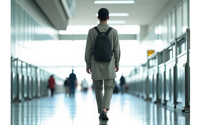 Pria Muslim muda mengenakan gamis ringan dan nyaman saat bepergian di bandara, membawa tas punggung.