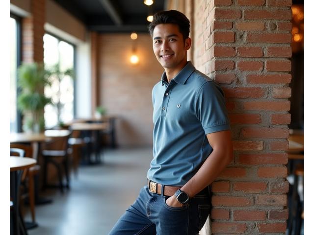 Pria mengenakan polo shirt dan celana denim premium, bersandar santai di kafe bergaya