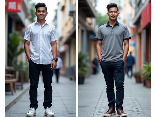 Transformasi Rio Pratama: sebelum (kiri) mengenakan pakaian longgar, sesudah (kanan) mengenakan busana yang lebih tepat dan stylish