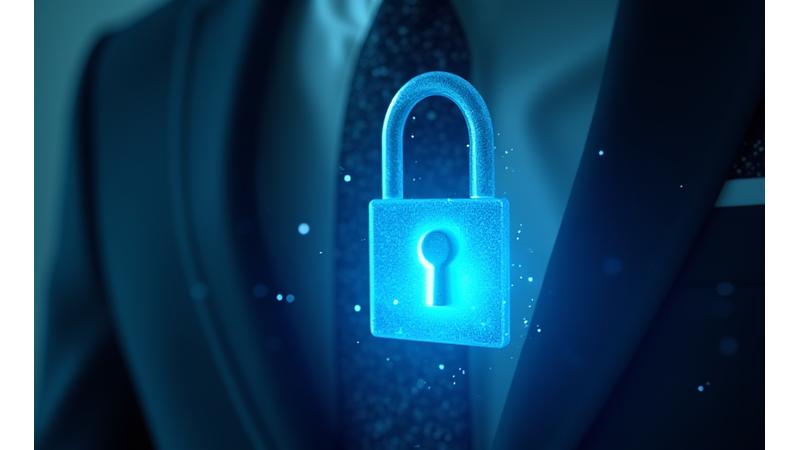 Ilustrasi keamanan siber, menampilkan gembok digital yang dikelilingi oleh lapisan-lapisan perlindungan seperti firewall dan enkripsi, dengan bayangan jas pria di latar belakang.