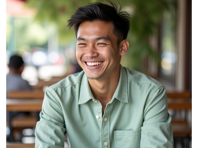 Seorang pria tersenyum santai mengenakan koko kasual dengan kerah shanghai, di suasana kafe.