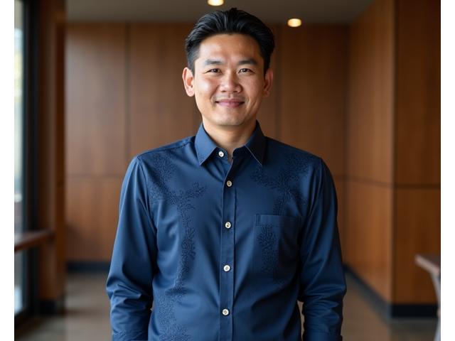 Pria dewasa mengenakan koko formal dengan aksen batik parang pada manset dan kerah, berpose di kantor.