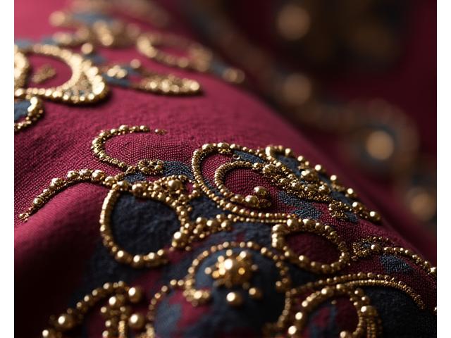 Detail kain koko premium dengan tekstur mewah dan bordir emas, menunjukkan kualitas jahitan.