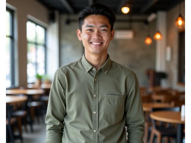 Model mengenakan koko regular cut dengan motif batik minimalis, terlihat santai dan berkelas.