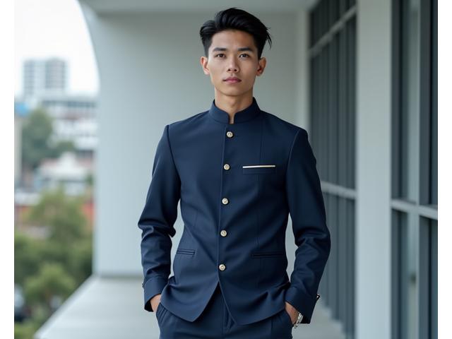 Model muda mengenakan koko slim fit berwarna navy, menunjukkan siluet modern dan rapi.