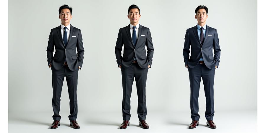 Tiga visual pria yang mewakili dress code berbeda: formal banking, smart casual tech, dan authoritative legal. Pakaian dan lingkungan disesuaikan.