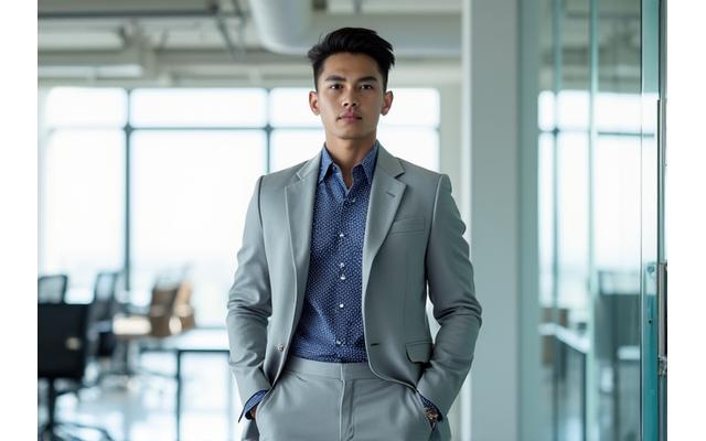Pria muda mengenakan jas dengan potongan modern, siluet slim-fit dan warna abu-abu terang.