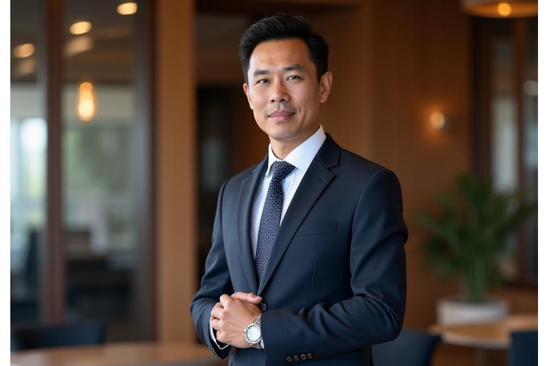 Eksekutif pria Indonesia dalam setelan jas premium, memancarkan kepercayaan diri dan otoritas di lingkungan kantor modern yang elegan.