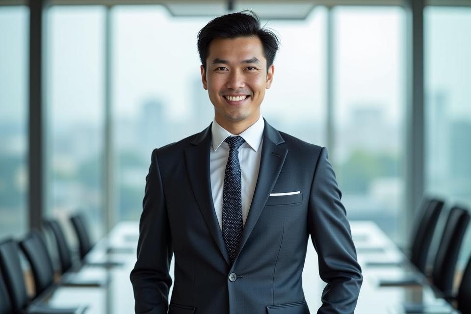 Seorang pria profesional bergaya business professional, mengenakan setelan jas dan dasi.