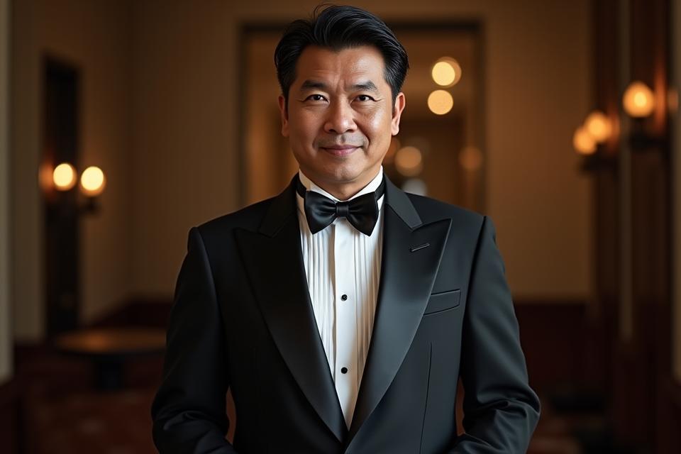 Pria yang siap menghadiri acara formal, mengenakan tuxedo atau jas makan malam.