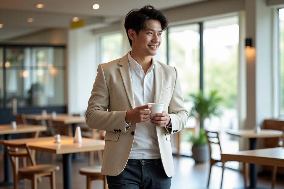 Pria dengan gaya smart casual yang santai namun tetap rapi, mengenakan blazer dan celana chino.
