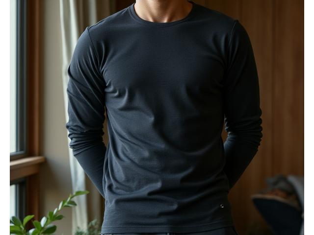 Model pria mengenakan kaos dalam lengan panjang, cocok untuk cuaca dingin
