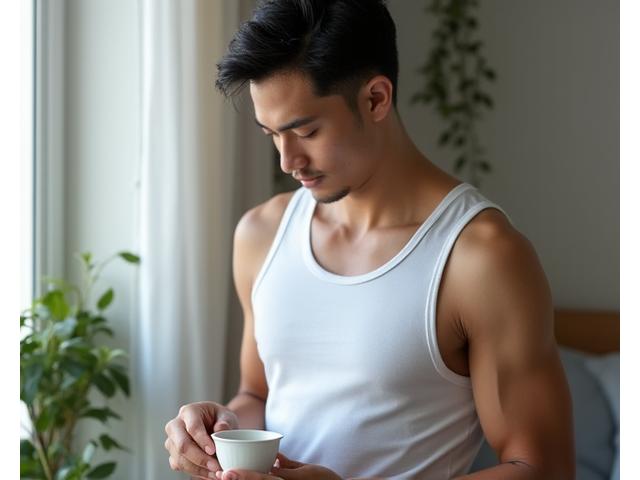 Model pria mengenakan kaos dalam tanpa lengan (tank tops) dalam suasana kasual