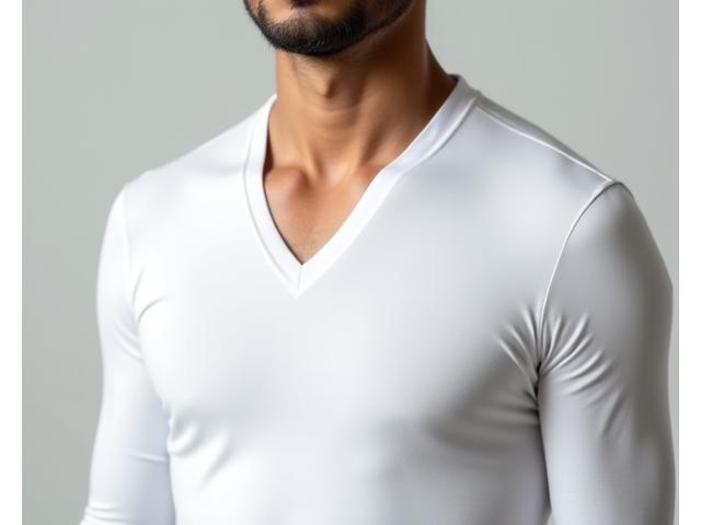 Model mengenakan kaos dalam V-neck yang tidak terlihat di bawah kemeja berkerah terbuka