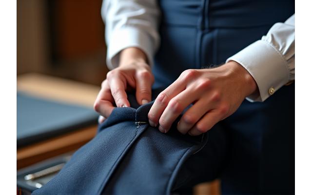Tangan penjahit sedang menyesuaikan jahitan pada pakaian ready-to-wear.