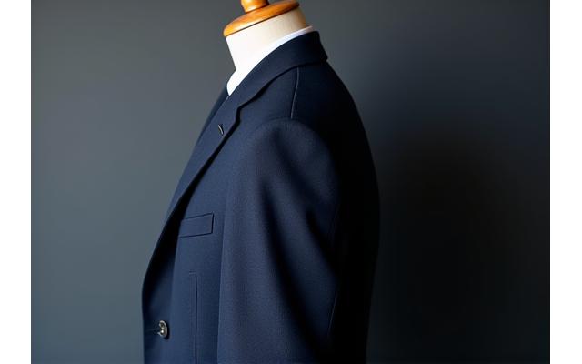 Blazer atau mantel pria formal yang disesuaikan, menampilkan kualitas kain dan jahitan.
