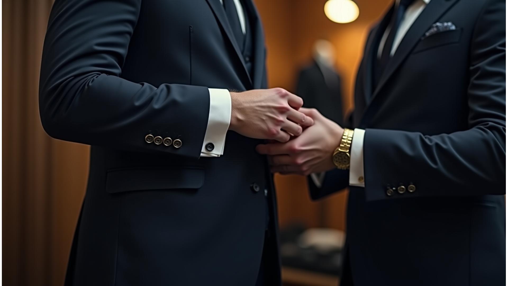 Seorang penjahit master sedang melakukan penyesuaian akhir pada jas custom yang pas sempurna, menunjukkan detail dan presisi.