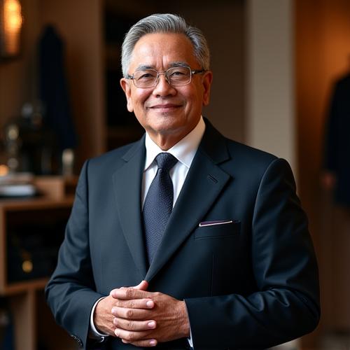 Potret Master Tailor Bima Santoso, seorang pria paruh baya yang berwibawa dengan mata tajam, mengenakan jas yang sangat rapi dan pin lencana tailor.