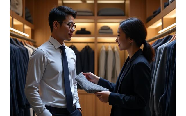 Seorang pria sedang berkonsultasi wardrobe dengan seorang stylist di ruang ganti yang rapi.