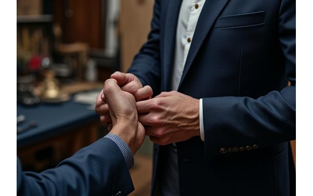 Pendiri Gaya Busana Pria sedang melakukan fitting jas di awal karir, menunjukkan dedikasi pada tailoring eksklusif.
