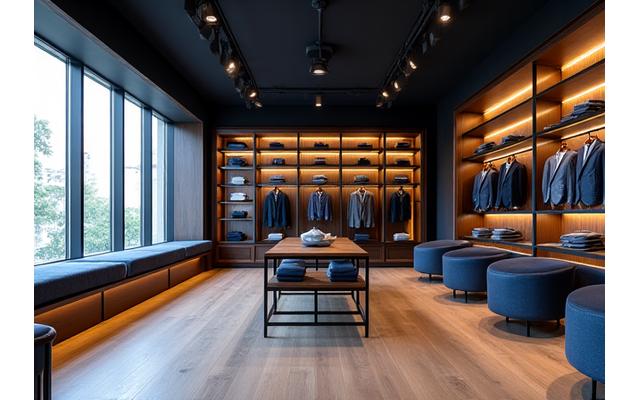 Interior showroom Gaya Busana Pria yang mewah dengan manekin berjas dan area konsultasi.