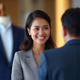 Potret Customer Experience Manager, Ibu Siti Aminah, sedang berinteraksi ramah dengan pelanggan.