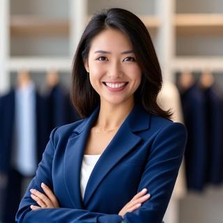 Potret Fashion Consultant, Ibu Sarah Dewi, sedang tersenyum ramah di studio fashion.
